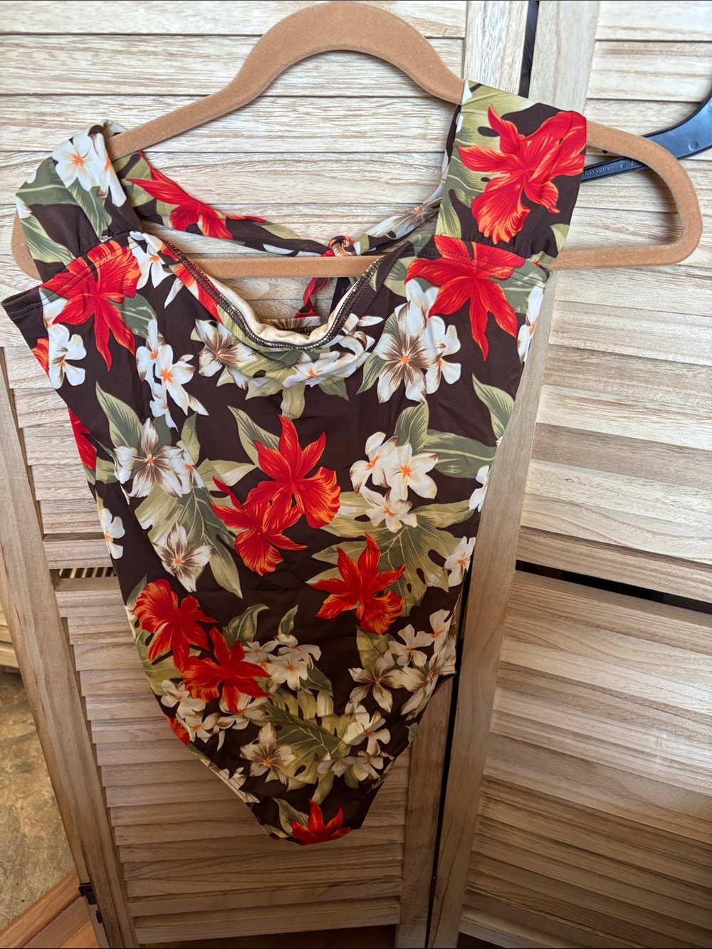 Women’s Floral Square-Neck swimsuit in Brown with Red & White Blooms 16W